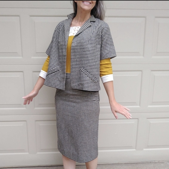 black gingham WOOL SKIRT SET vintage suit M